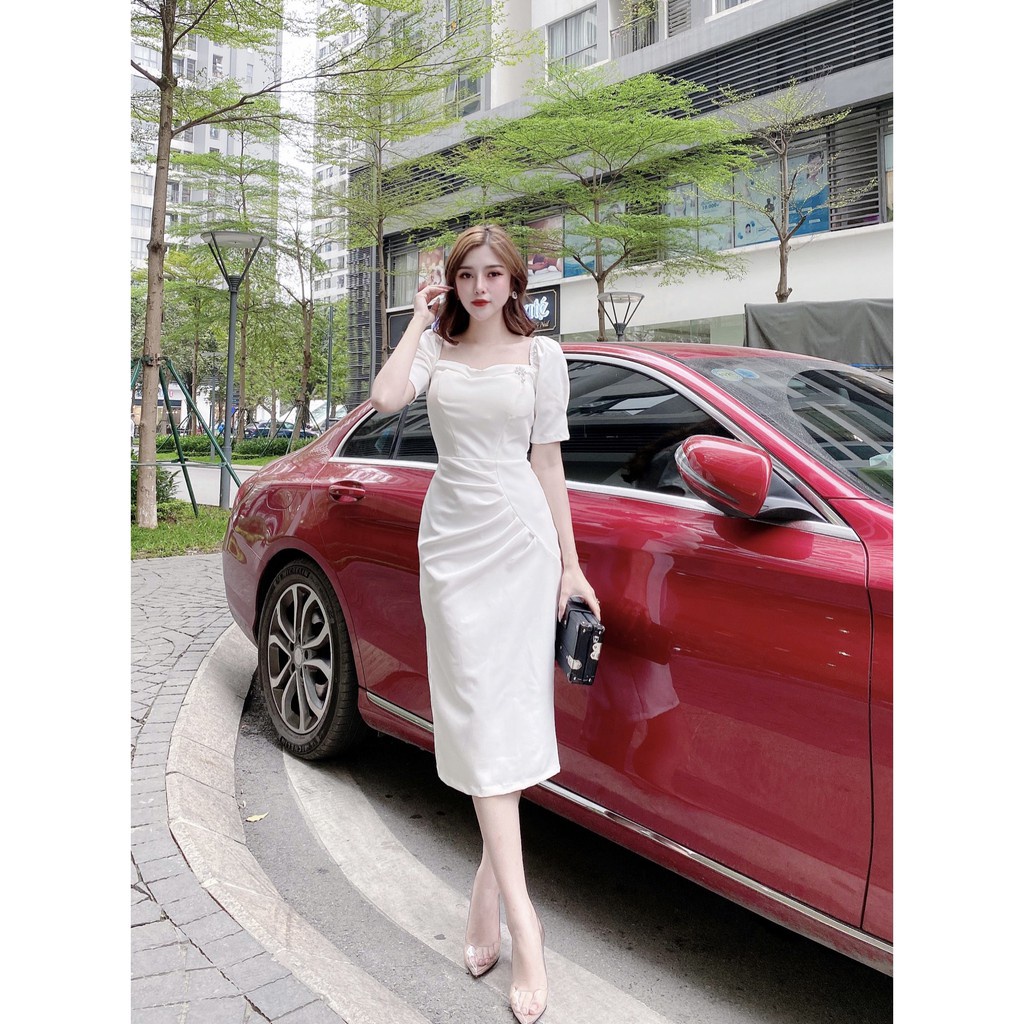 Váy nữ body cổ vuông,dáng ôm tay lửng, cao cấp sang chảnh dự tiệc công sở màu trắng thanh lịch nhẹ nhàng cho phái đẹp | BigBuy360 - bigbuy360.vn