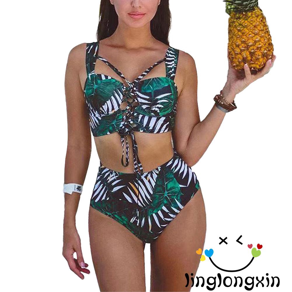 ◕‿◕Women Leaf Print Two-piece Bathing Suit Sexy Lace-up Top High Waist Thong Summer Clothes | BigBuy360 - bigbuy360.vn