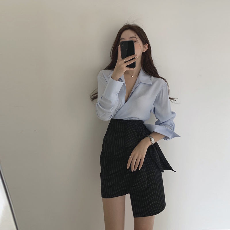 Mới Set Áo Sơ Mi Và Chân Váy Lưng Cao Phong Cách Hàn Quốc Xinh Xắn Cho Nữ