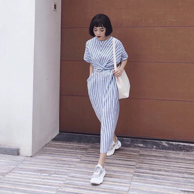 Đầm váy freesize sọc xanh form dài chéo eo
