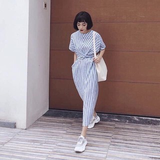 Đầm váy freesize sọc xanh form dài chéo eo