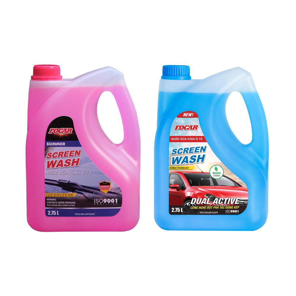 COMBO 2 Can Nước Rửa Kính, Vệ Sinh Kính [ FOCAR Screen Wash 2,75L(Xanh)+ FOCAR Summer Screen Wash(Hồng) 2,75L ]