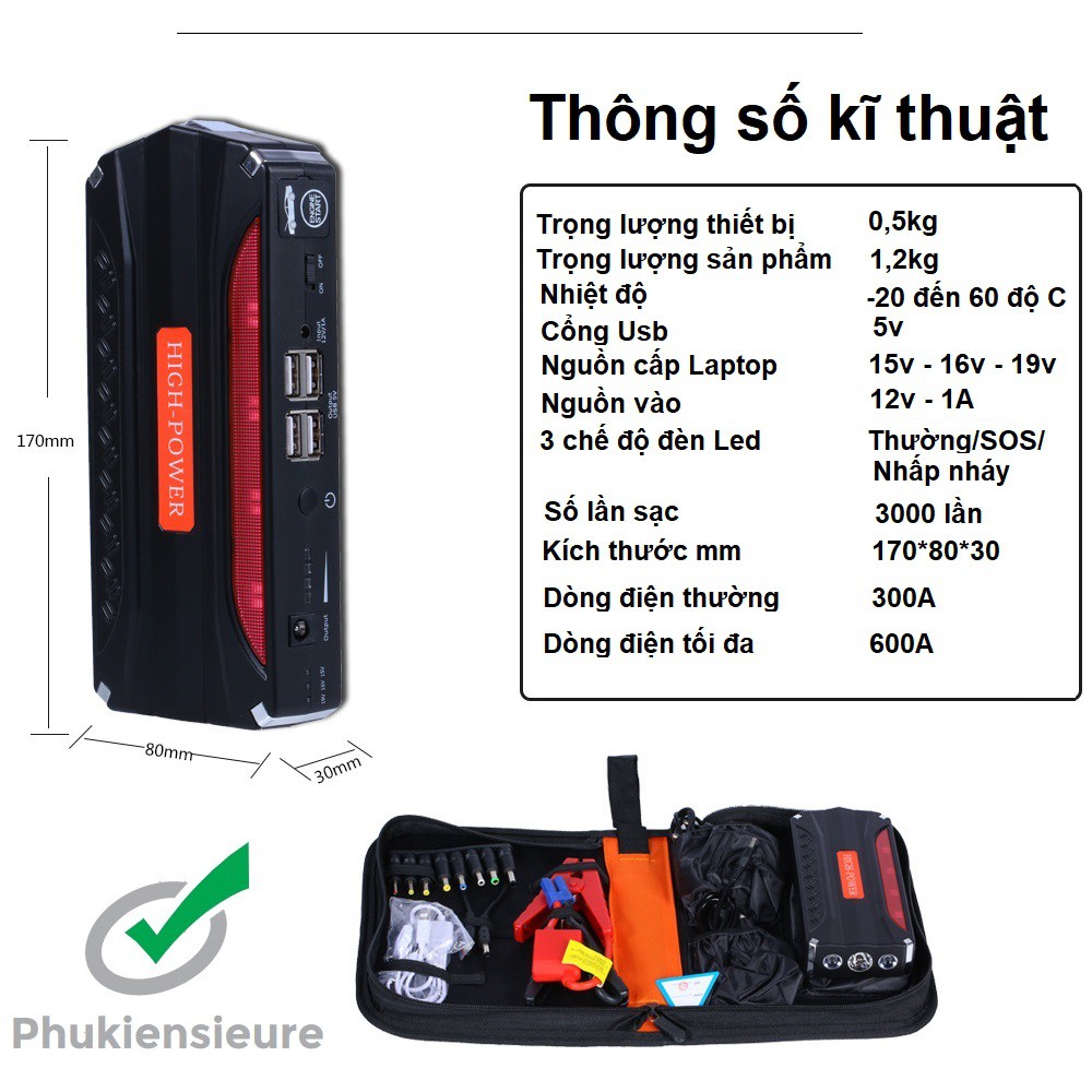 Thiết bị kích điện ắc qui ô tô , xe máy cực nhanh thương hiệu HIGH POWER kiêm cục sạc dự phòng điện thoại , Laptop