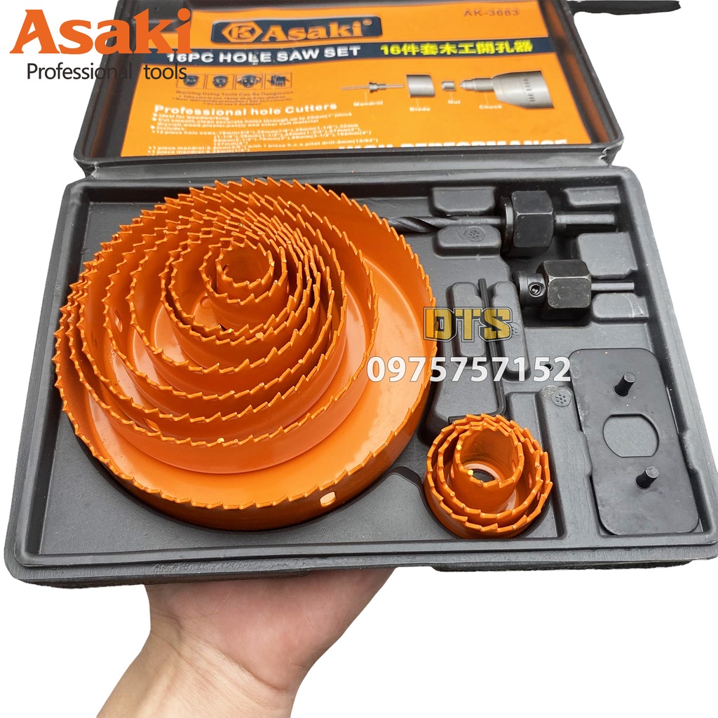 Bộ 12 mũi khoan khoét lỗ tròn thạch cao gỗ hãng Asaki AK-3683, bộ khoét lỗ trần thạch cao tạo lỗ loa, khoét nhựa hợp kim