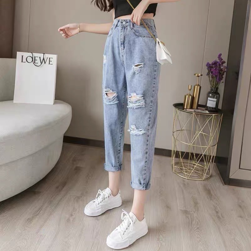 Quần jean baggy nữ BigSize Lưng Cao Rách bụi, phong cách hàn quốc, màu xanh đá phom TO rộng đủ size 4153