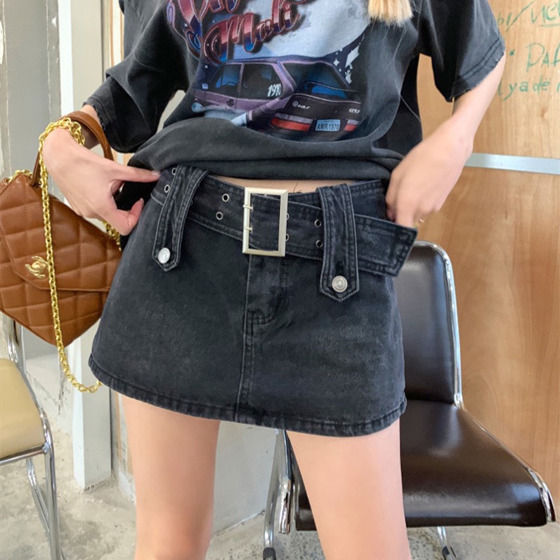 QADCOL Quần short jean giả váy chữ A lưng thấp thời trang