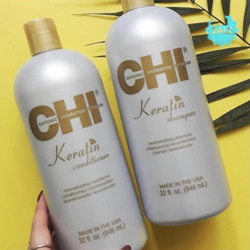 DẦU GỘI 1 Bộ dầu gội xả CHI Keratin Reconstructing cho tóc khô hư tổn nặng 946mlx2 (USA) DẦU GỘI 1 .