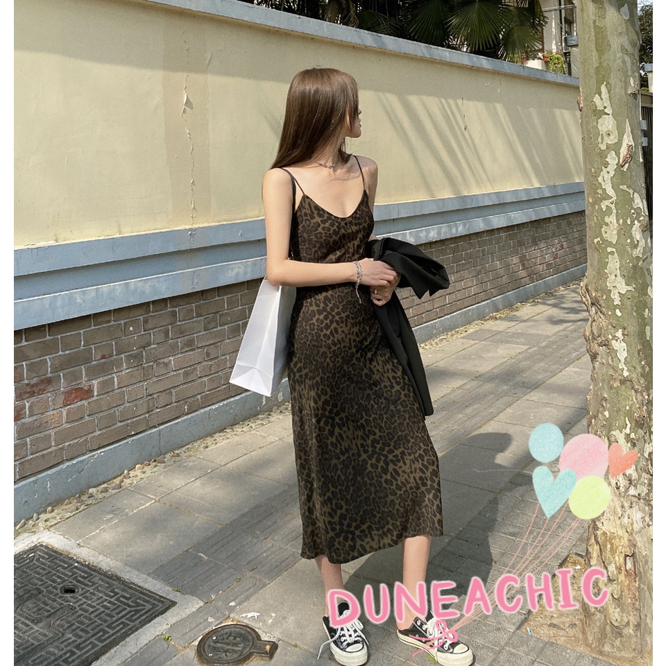 DUNEA Đầm Dây Nữ Cộc Tay Cổ Chữ V In Họa Tiết Da Báo Thời Trang