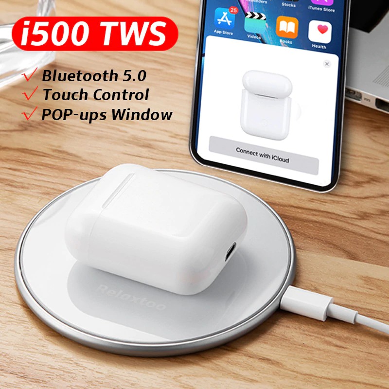 Tai nghe Bluetooth i500 TWS PIN đến 3,5- 4h + cảm biến tháo tai dừng nhạc + sạc không dây