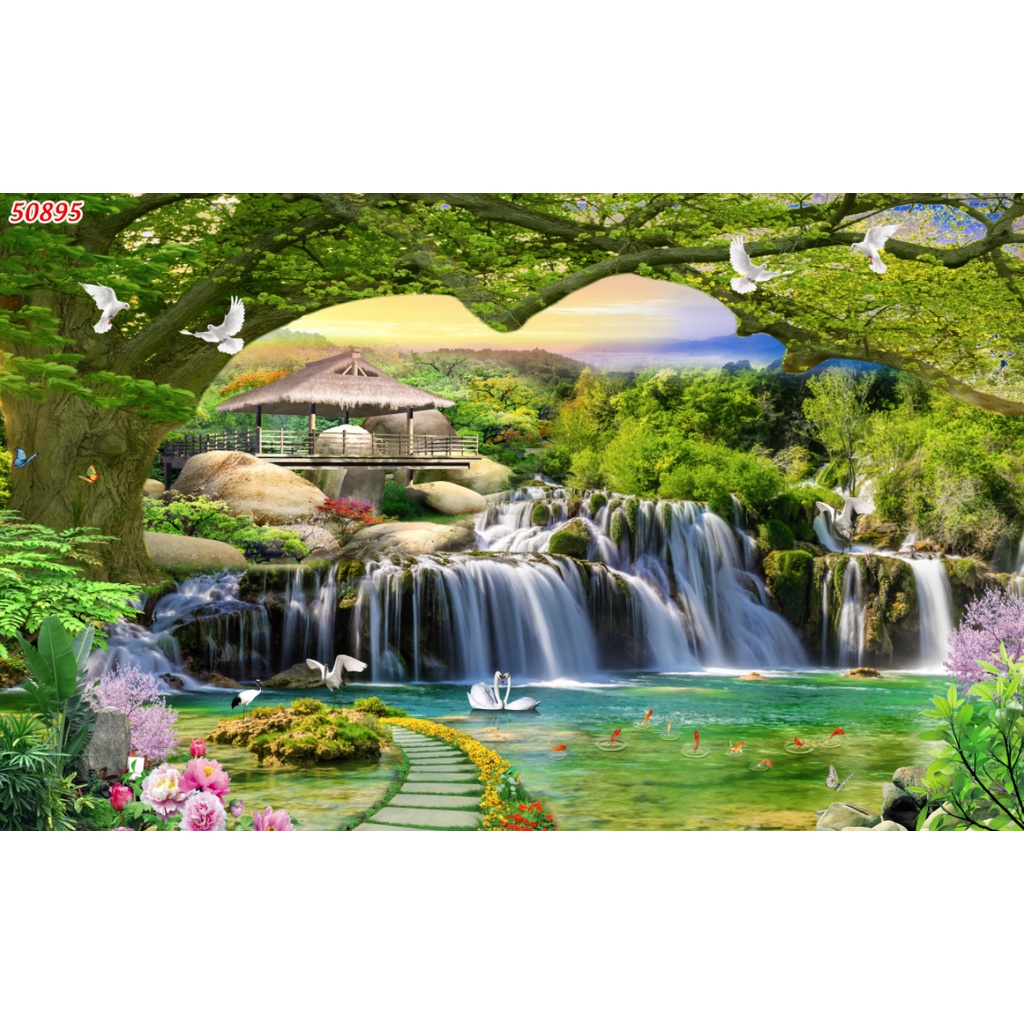 Tranh 3d thác nước chảy rừng cây trong lành