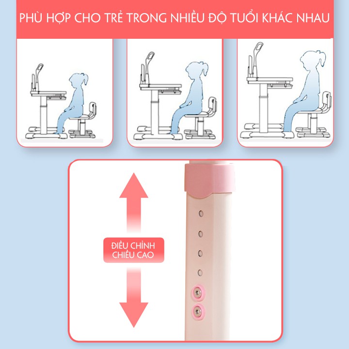 BỘ BÀN HỌC SINH THÔNG MINH CHỐNG GÙ LƯNG CHỐNG CẬN THỊ. Bàn học sinh tặng kèm đèn led và gối chống cằm