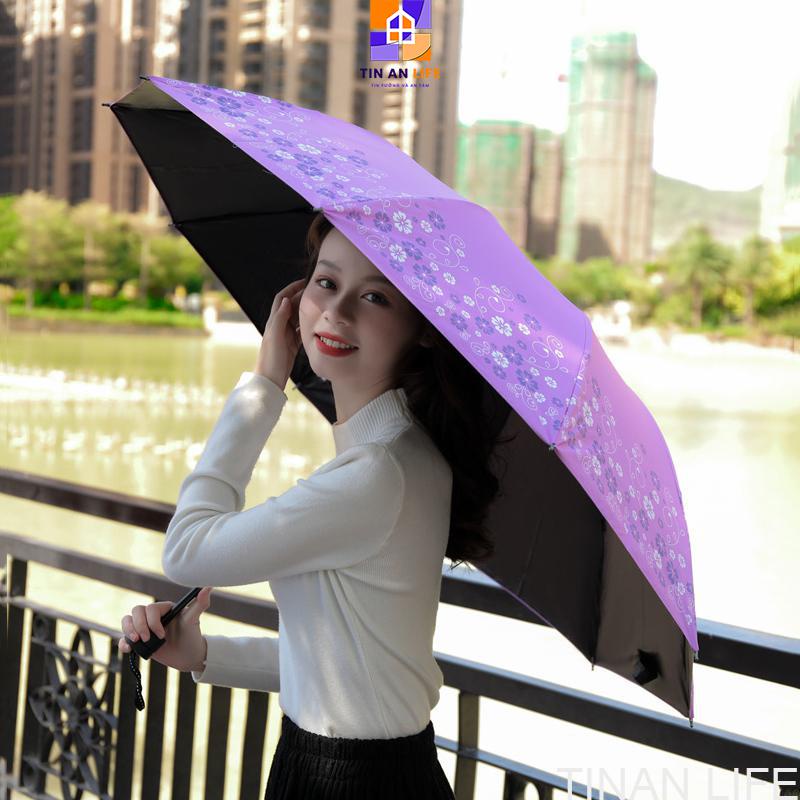 Ô Dù Đi Mưa Đi Nắng Gấp Gọn, Họa Tiết Hình Hoa, Chống UV