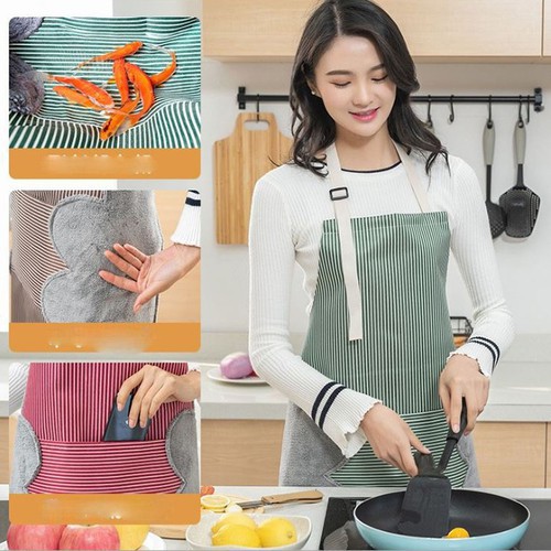 Tạp dề kẻ hoa có khăn lau tay bên hông, tạp dề chống thấm nước