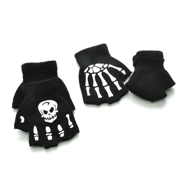 ✿ Halloween Cosplay Fingerless Gloves Luminous Skull Skeleton Mitten for Boys Girl