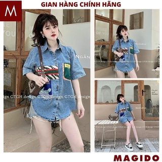 Áo sơ mi jeans bò cộc tay cổ đức in hình AB01 kiểu dáng hàn quốc ulzzang dáng suông form rộng cực kute -MAGIDO