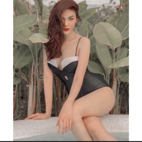 Bikini đồ bơi 1 mảnh liền thân cúp ngực xoắn đen phối trắng KONKUN MS33
