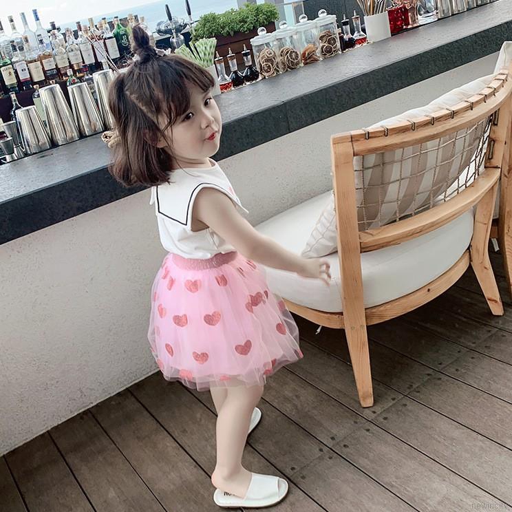 Bộ áo thun sát nách in hình trái tim + chân váy lưới xòe đáng yêu cho bé gái
