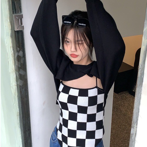 QADCOL Set áo hai dây và áo khoác len họa tiết ca rô thời trang dành cho nữ