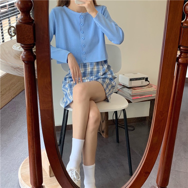 Xiaozhainv Bộ đầm hai dây / áo khoác caro tay dài cho nữ | BigBuy360 - bigbuy360.vn