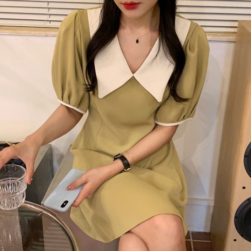 Đầm Tay Phồng Cổ Bẻ Màu Sắc Tương Phản Phong Cách Hàn Quốc Thời Trang Mùa Hè Xinh Xắn Cho Nữ