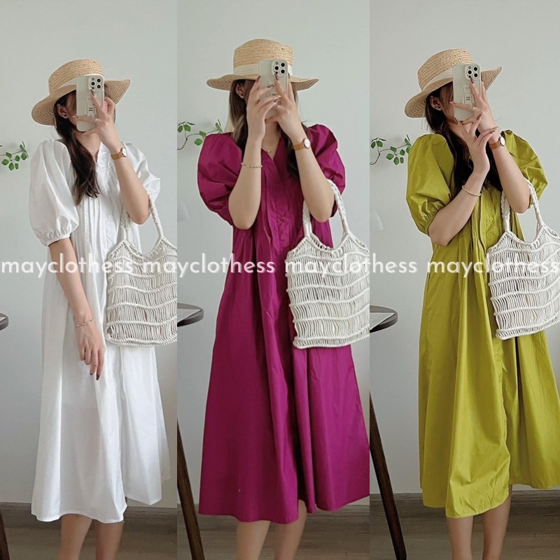 Đầm - Váy suông cổ chữ V có cúc cài trước ngực tay bo 3 màu