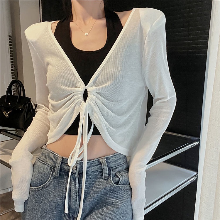 COZOK Set Áo Thun Tay Dài Chống Nắng + Áo Hai Dây Rút Dây Thời Trang Gợi Cảm Cho Nữ