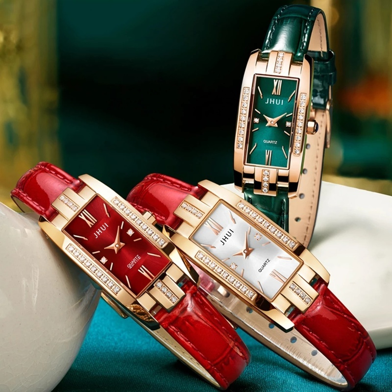 Đồng hồ quartz mặt vuông đính đá dây da đơn giản thời trang dành cho nữ
