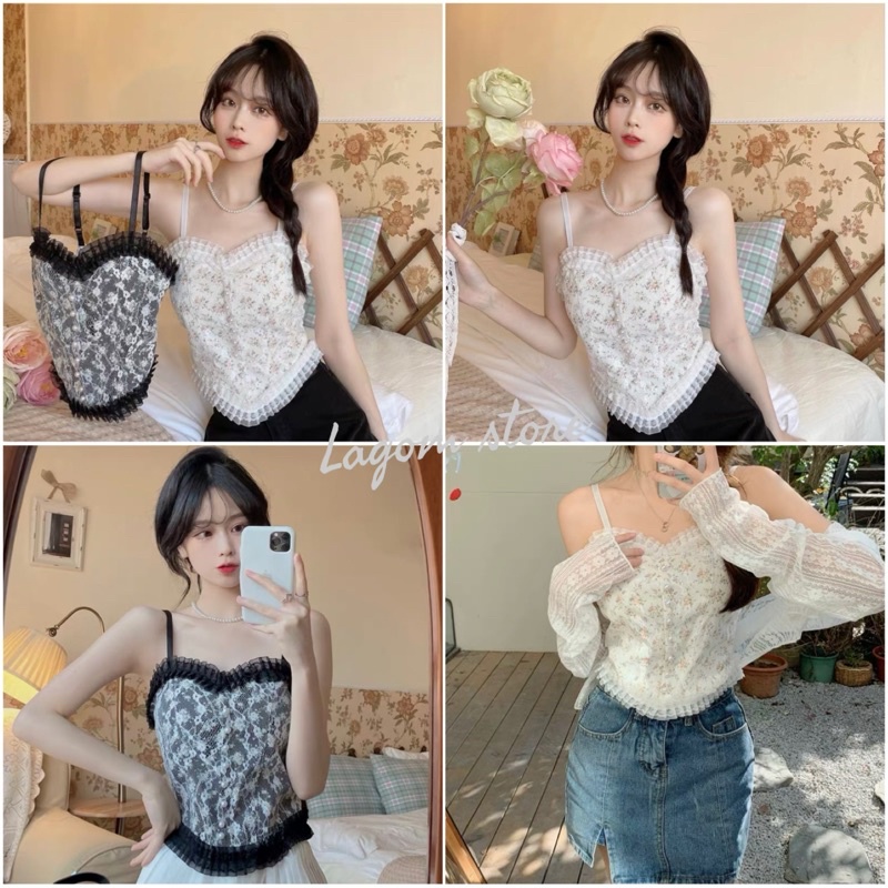 Áo Hai Dây Vải Ren Hoa, Cúc Ngọc Trai Cực Xinh