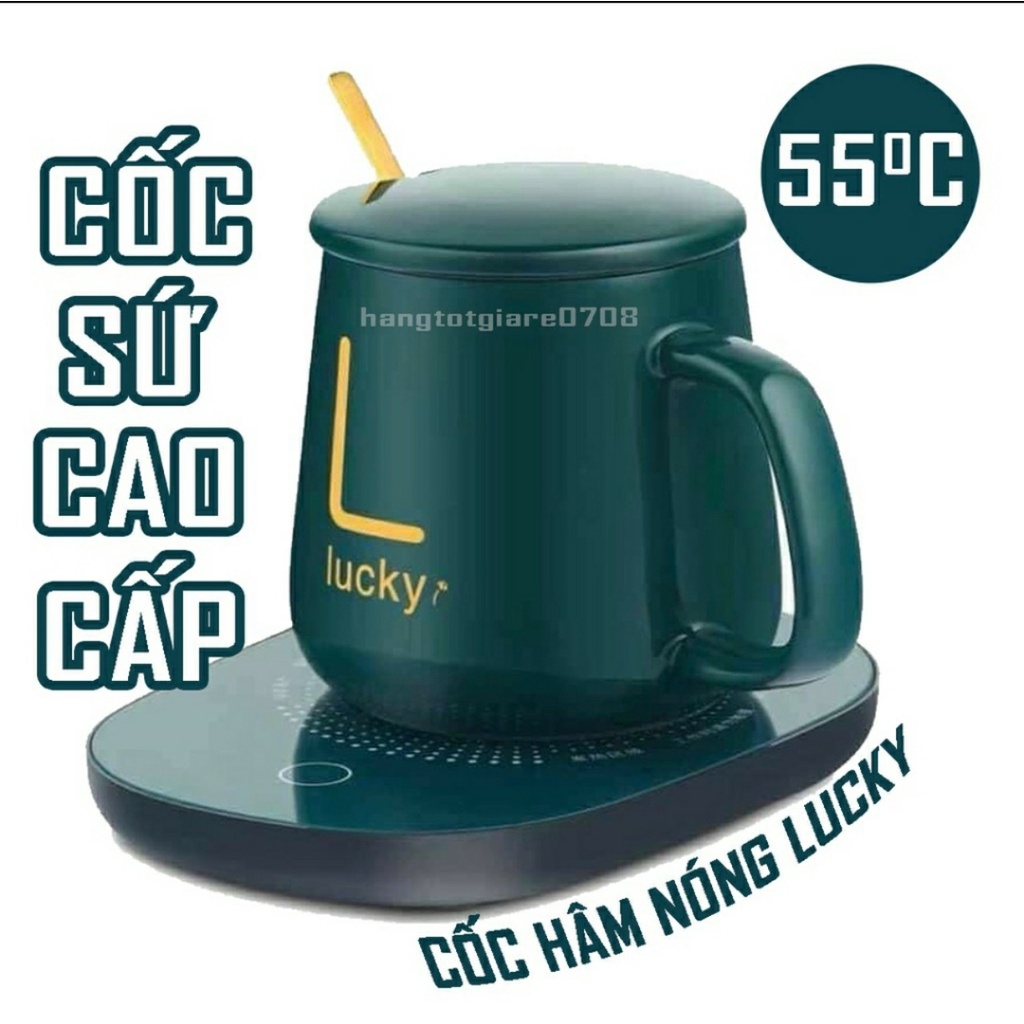 Cốc hâm nóng cao cấp bằng sứ kèm đế điện, Ly sứ kèm đế điện hâm nóng cafe, sữa, trà Tặng kèm thìa mạ vàng tiện lợi