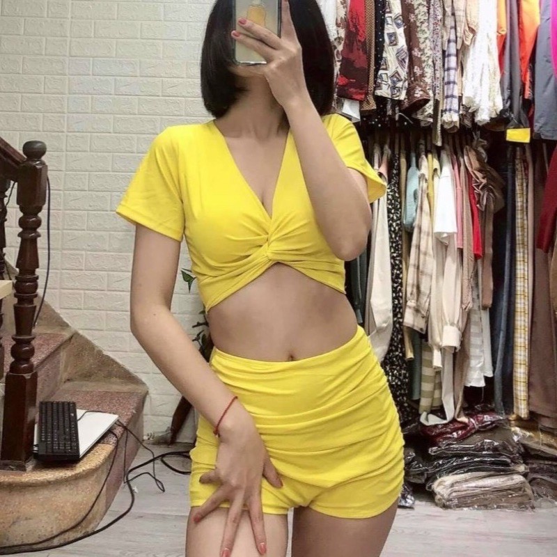 Bộ đồ bơi nữ, Set bơi áo croptop xoắn + quần nhún, Đồ bơi, đồ đi biển