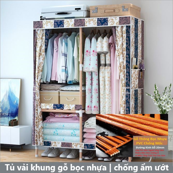 Tủ vải khung gỗ 2 buồng lắp ghép tiện dụng dành cho sinh viên