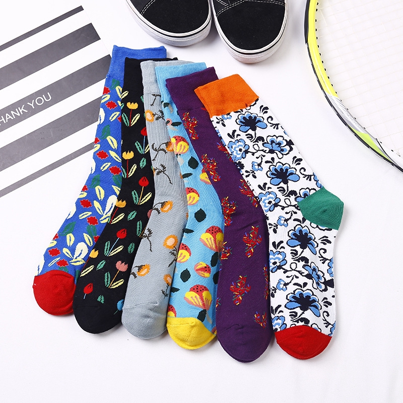 New Trend Couple Crew Socks Flowers Pattern Cotton Breathable Novelty Women Mid-Calf Socks Multicolor Fashion Soft Girls Hosiery