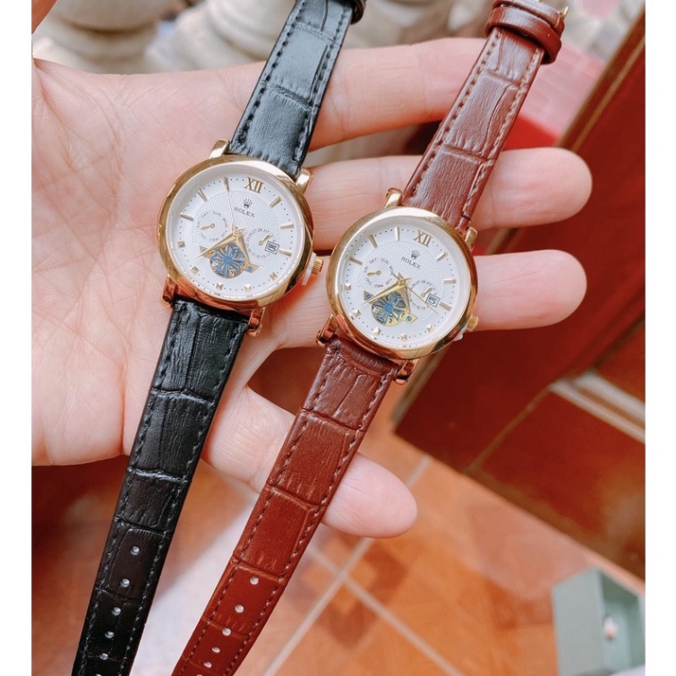 Đồng Hồ Nữ Đẹp Thời Trang, Đồng Hồ Đeo Tay Rolex Dây Da Mặt Tròn Viền Kim Loại Chống Nước Cao Cấp mẫu đe