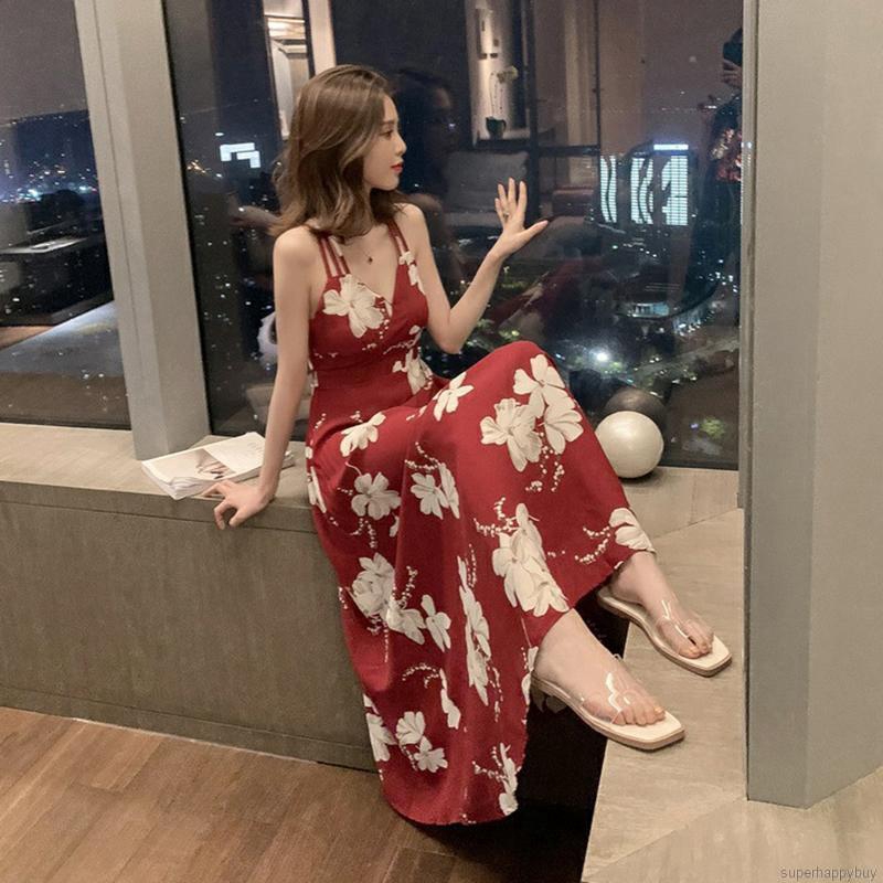 Đầm dây chiffon in hoa cổ chữ V gợi cảm duyên dáng cho nữ