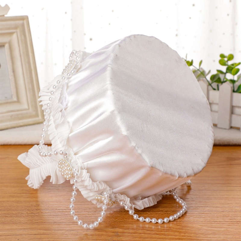 Giỏ Hoa Cưới Bằng Satin Có Tay Cầm Màu Trắng Đính Ngọc Trai