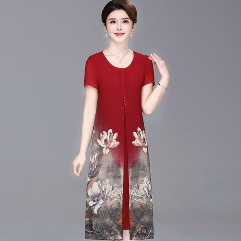 Thiết kế - Đầm dáng suông xẻ tà trước in hoa sen, váy trung niên voan hàn có bigsize