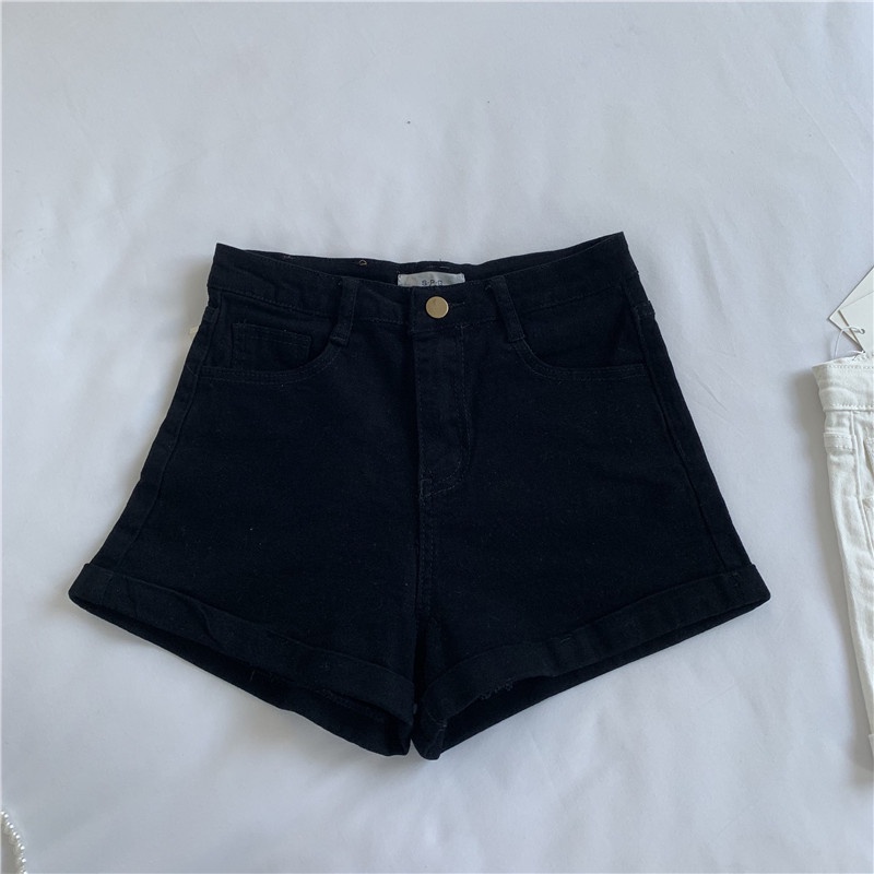 NUZIRO  Quần short denim  lưng cao ống rộng phong cách Hàn Quốc