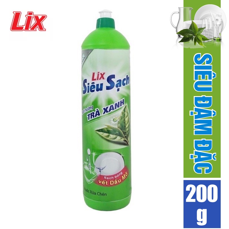 Nước rửa chén Lix siêu sạch chai 200g hương chanh, hương trà xanh - Sạch Bóng Vết Dầu Mỡ