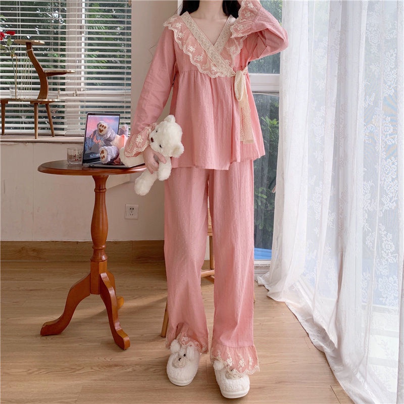 Bộ đồ ngủ tay dài phối ren phong cách công chúa Nhật Bản thời trang xuân thu cho nữ #13