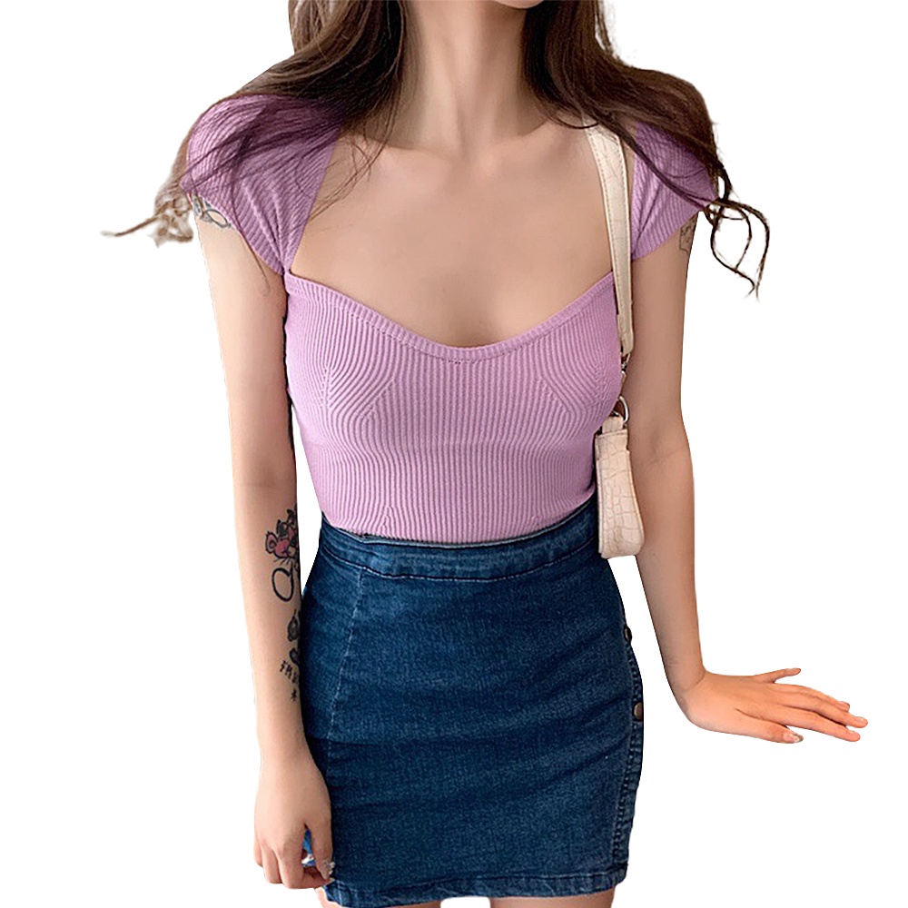 Áo thun dệt kim tay ngắn cổ vuông màu sắc phong cách thanh lịch thời trang