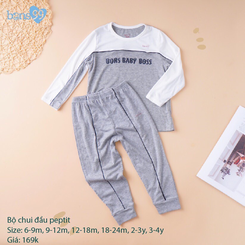 Bộ quần áo dài tay bổ trụ/chui đầu chất petit Bons99 cho bé