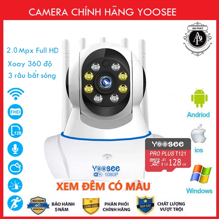 Camera Yoosee Camera Wifi 5 Râu 8 Led Xem đêm có màu 3.0Mpx Full HD Kèm Thẻ 32GB/64GB Chuyên Dụng