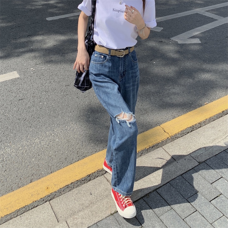 Quần Jean Lưng Cao Form Rộng Thiết Kế Xẻ Rách Cá Tính