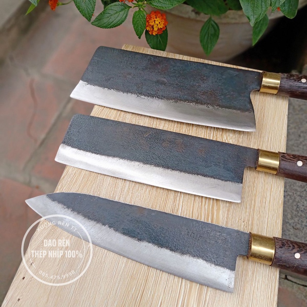 Bộ 3 Dao Nhà Bếp, Thép Nhíp Chuẩn - Rèn Thủ Công, Cán Gỗ Mun, Dao Chặt, Thái, Lọc