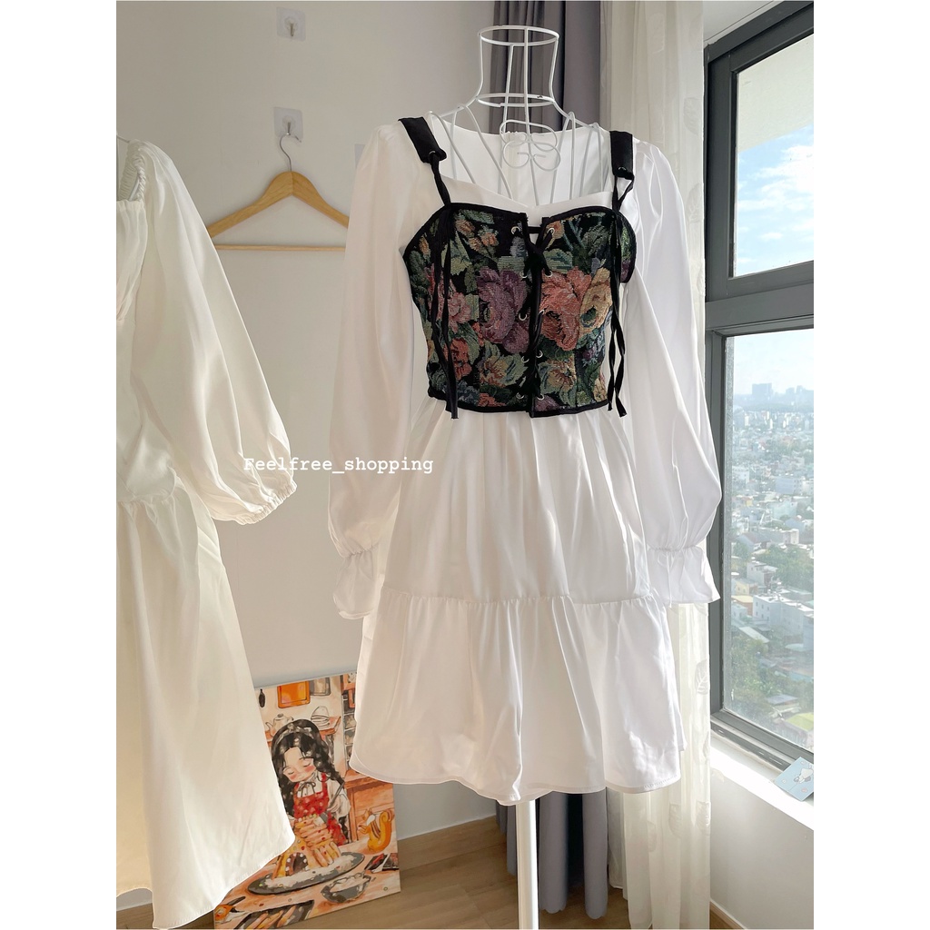 Set Feelfree Váy Trắng Xoè Áo Yếm Rút Dây Thích Hợp Mặc Đi Tiệc, Đi Chơi, Kỷ Yếu (Hình Thật) S001
