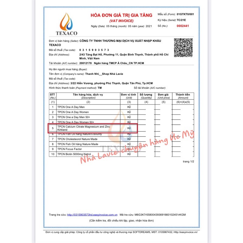 Calcium Citrate Magnesium ZinC and D3 500 viên hãng Kirkland Mỹ