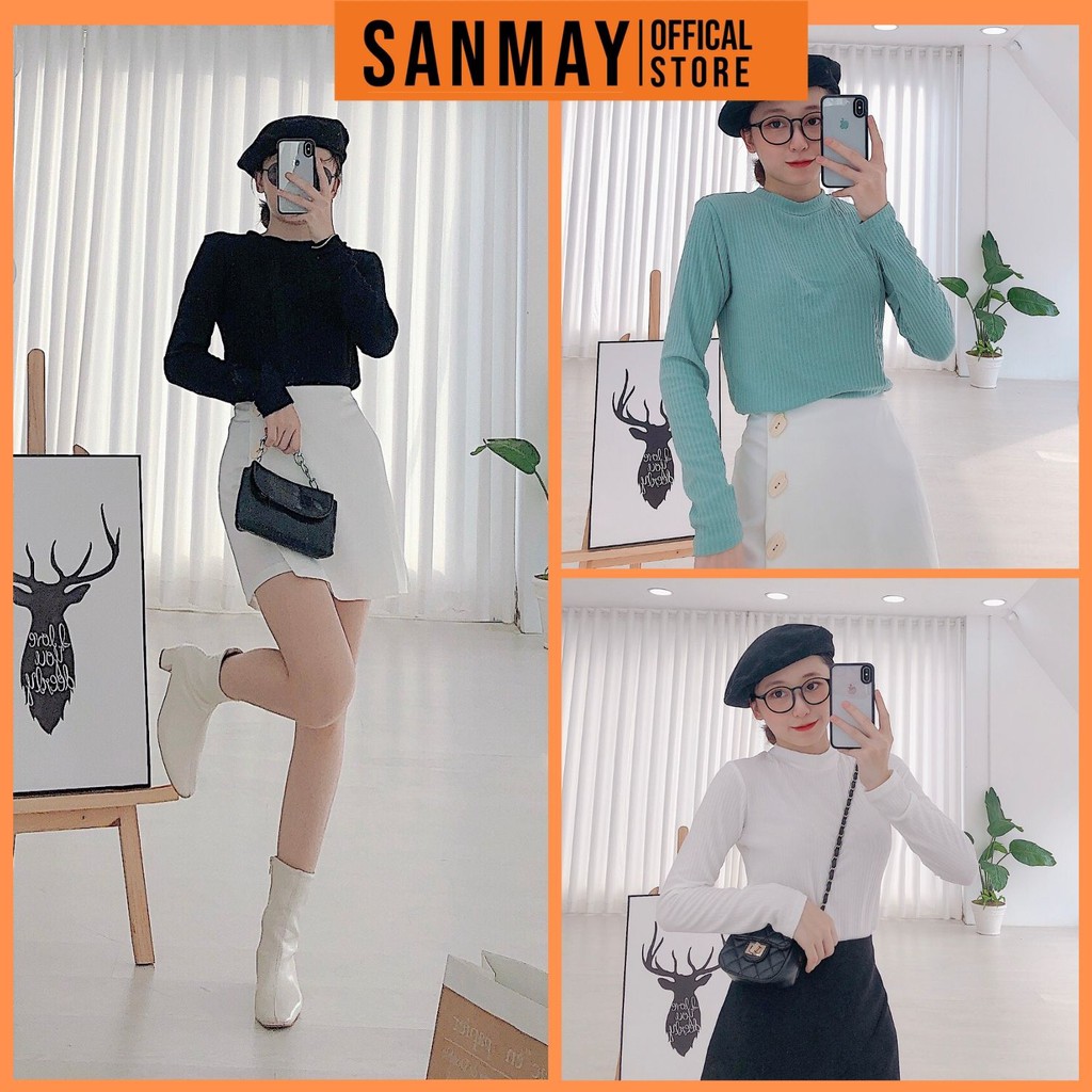 Áo Len Tăm Dài Tay SANMAY Áo Len Nữ Tay Dài cổ lọ kiểu Ulzzang Hàn Quốc Thiết kế Dáng Basic AO025