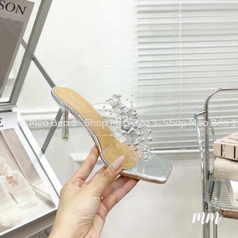 Guốc mica quai ngang chùm hạt gót nhọn fullbox hàng quảng châu cao cấp