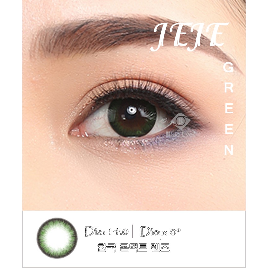 Lens thời trang Hàn Quốc JEJE GREEN, màu xanh lá trẻ trung, không độ cận, hsd 6 tháng, giãn tròng 14.0.