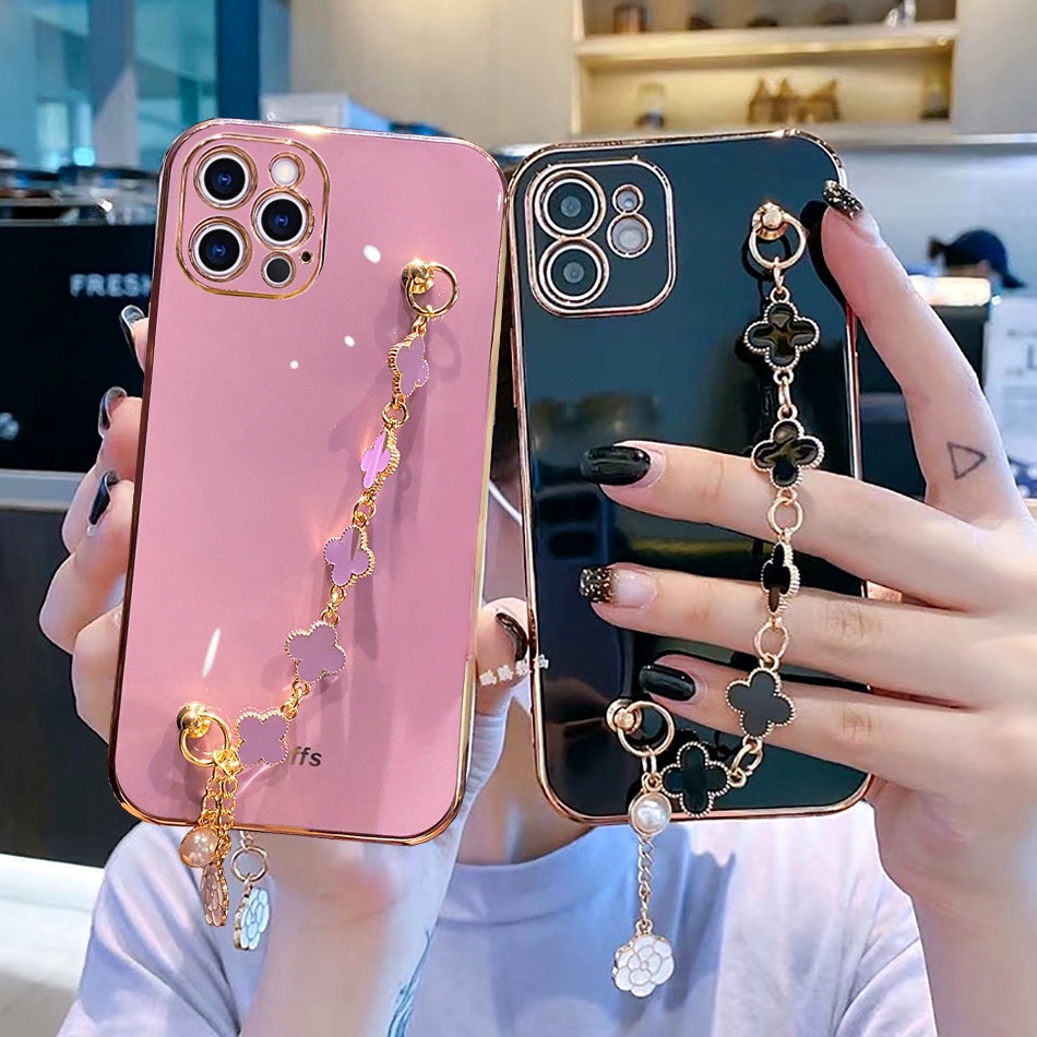 Ốp Điện Thoại Dẻo Họa Tiết Hoa Sang Trọng Kèm Giá Đỡ + Dây Đeo Tay Cho iPhone 11 12 13 Pro MAX 7 8 Plus X XR XS MAX